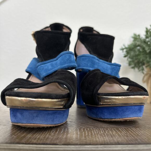 Vince Camuto Color Block Bue Black Suede Platform Sandals Heels Size 8.5 Shoes - Picture 4 of 11